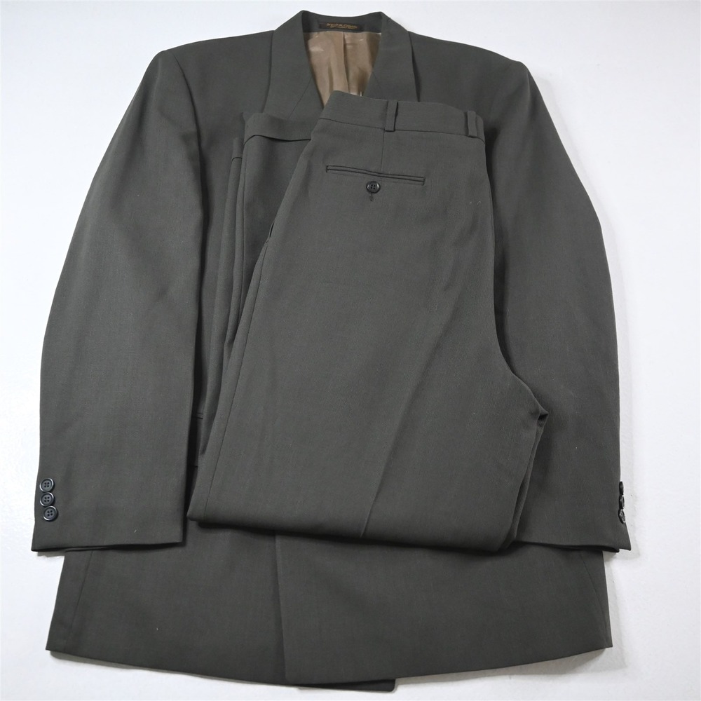 Vtg Mens Double Breasted‎ 43L 34x32 Green Gray 100% Wool Mens Jacket Pants Suit